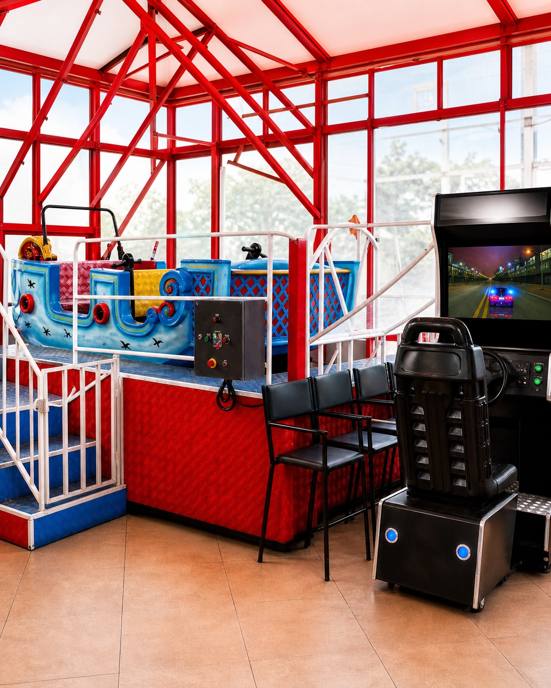 Espaço kids do Habib's 31 de Março com Barco Viking, fliperama e videogame